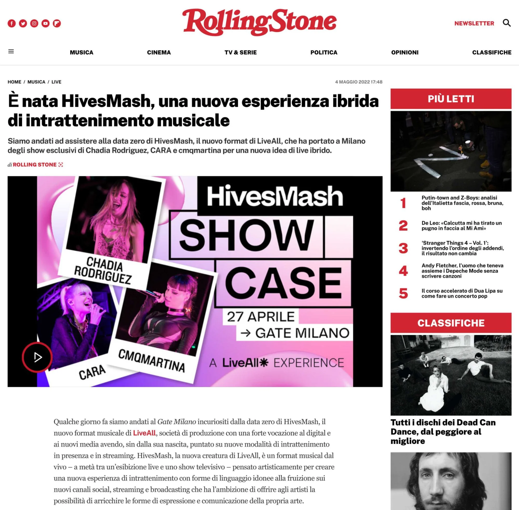 Article Rolling Stone sur HivesMash - Première soirée au Gate Milano avec cmqmartina, CARA et Chadia Rodriguez